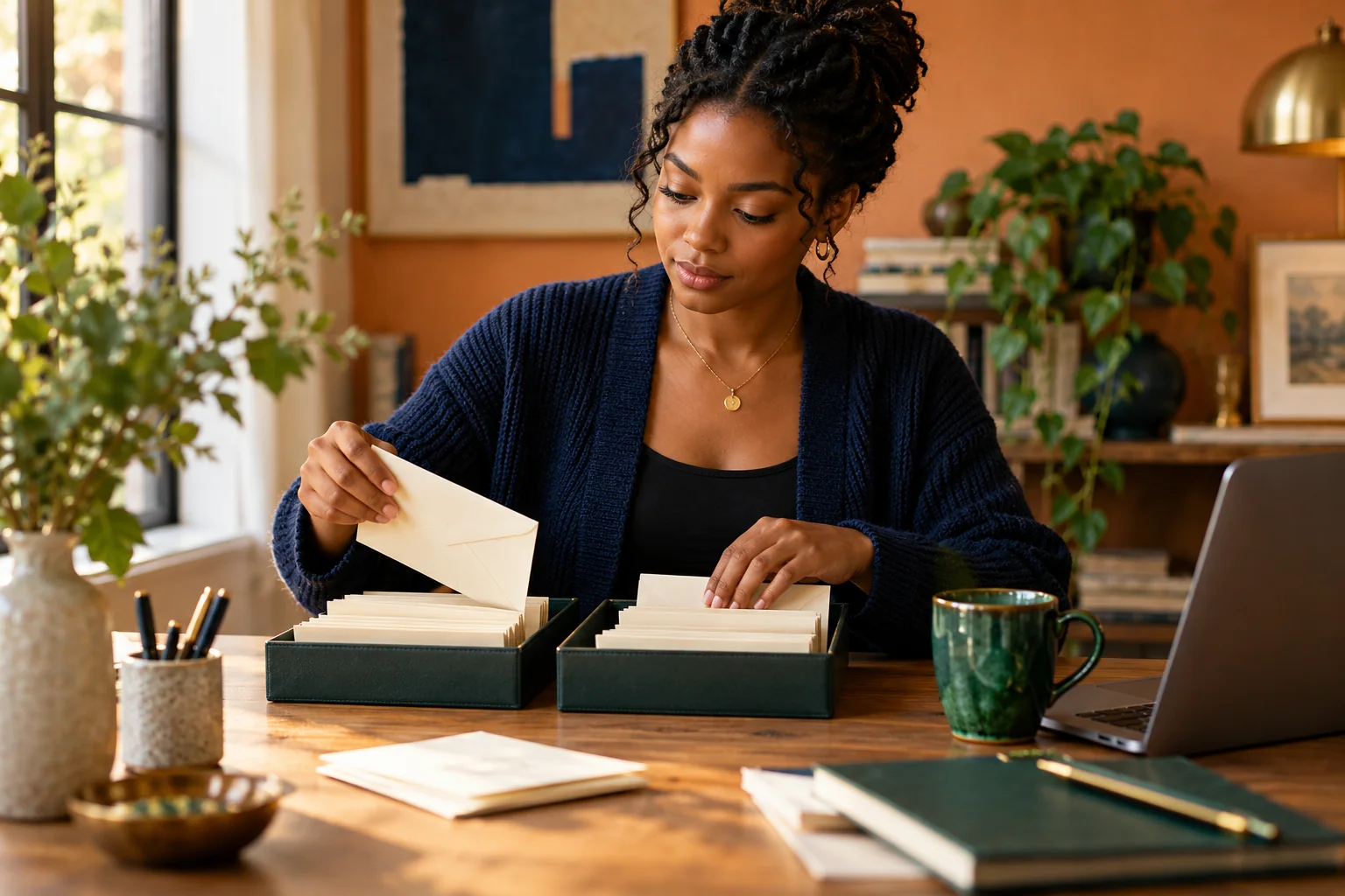 A person reviewing correspondence at a desk