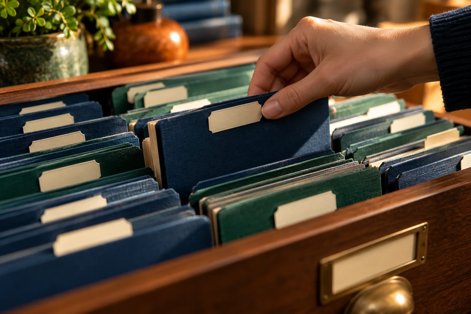 Carefully arranged archive folders on a desk