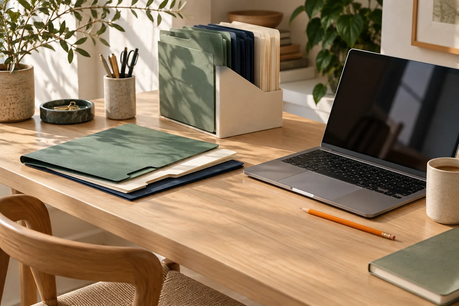Folders and a laptop arranged on a tidy workspace