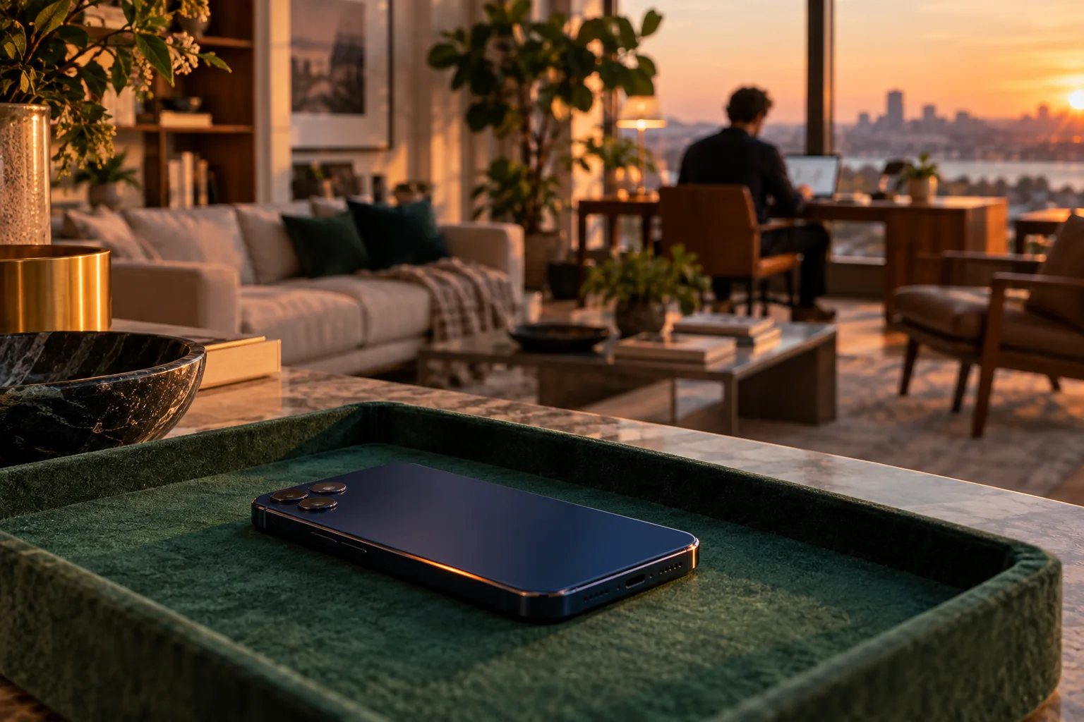 A phone placed face down away from a workspace