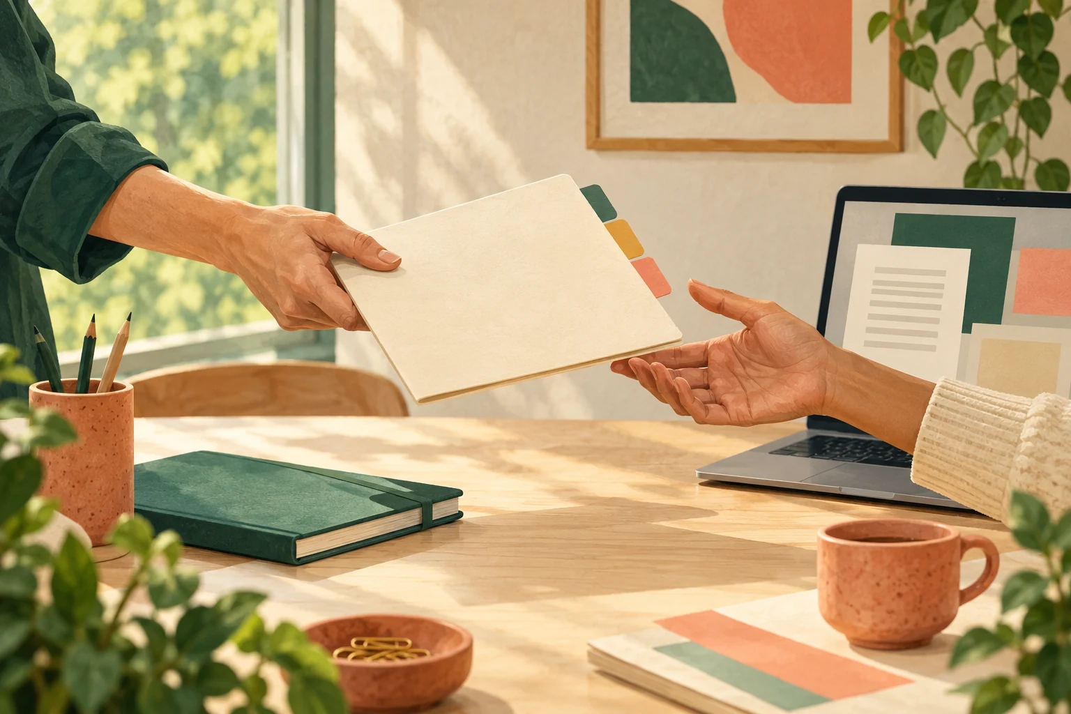 Two people passing a tabbed project folder across a desk