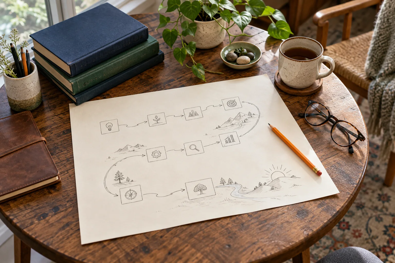 Books and a learning plan arranged on a table