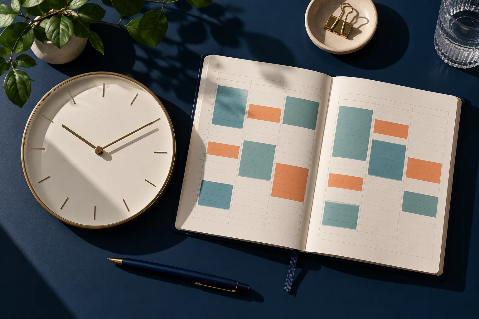 An analog clock beside a paper planner