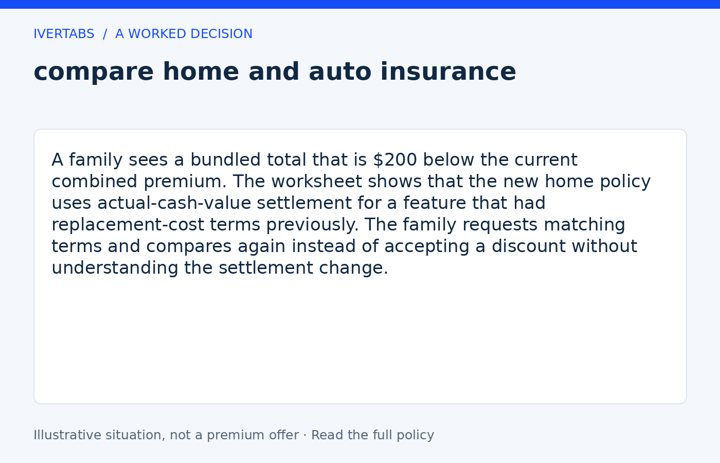 Worked example for compare home and auto insurance