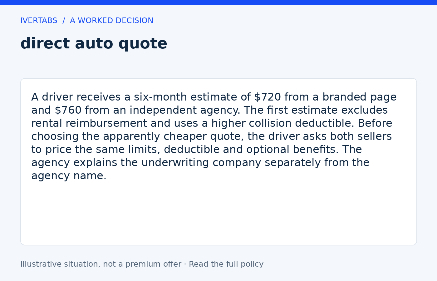 Worked example for direct auto quote