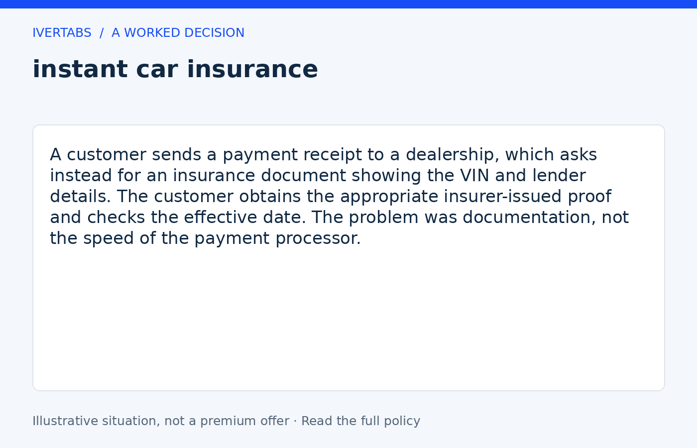 Worked example for instant car insurance